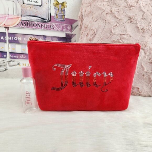 {Juicy Couture} Red Velour Rhinestones Cosmetic Bag Case - Picture 1 of 5